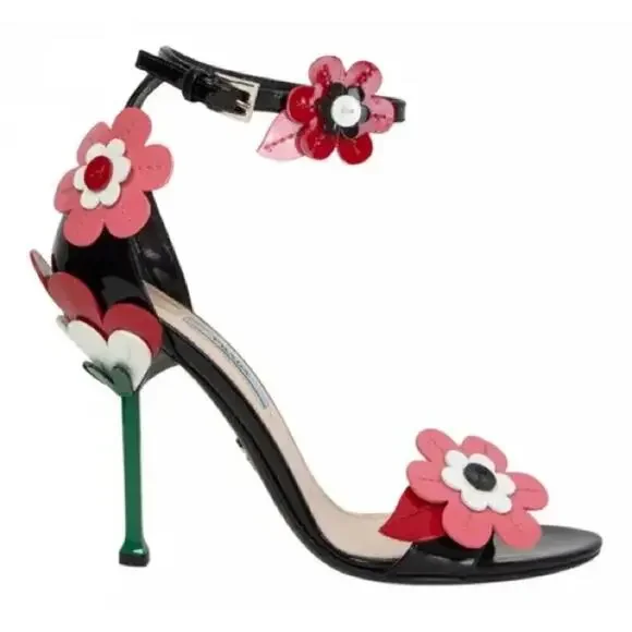 Prada Black red pink leather Runway Daisy floral high heel sandals EU 39 - Picture 2 of 11